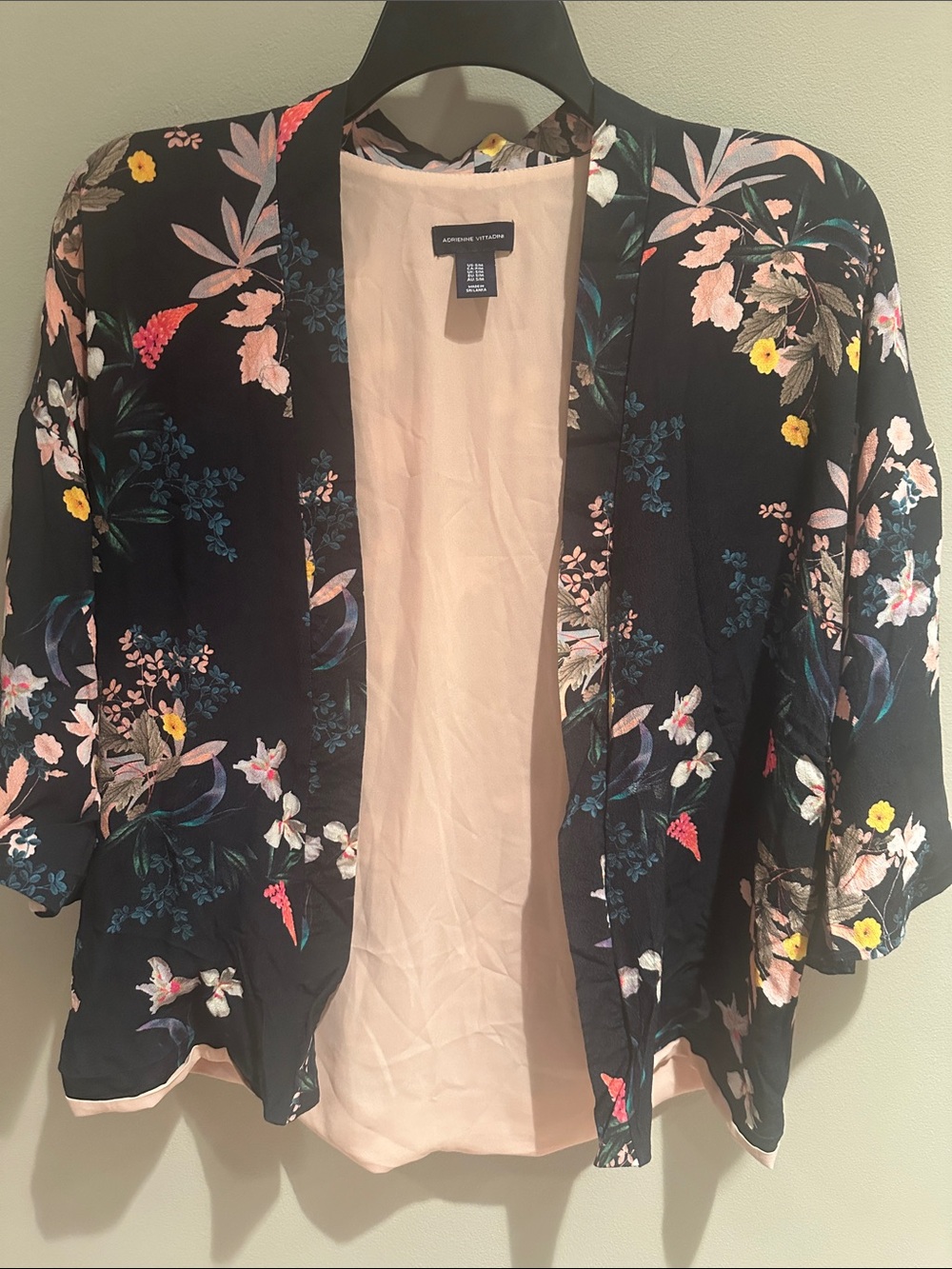 Adrienne Vittadini Black Floral Open-Front jacket with Blush Lining
